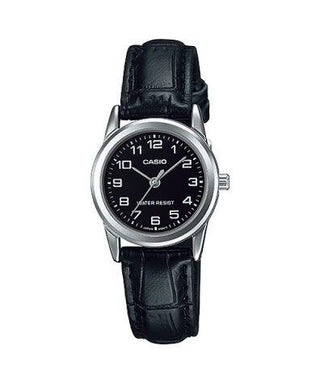 Front view of Casio Collection LTP-V001L-1B Black Leather Womens Watch on white background