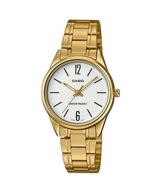 Front view of Casio Collection LTP-V005G-7B White Dial Gold Stainless Steel Womens Watch on white background