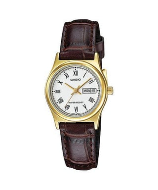 Front view of Casio Collection LTP-V006GL-7B White Dial Brown Leather Womens Watch on white background