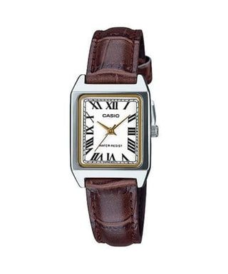 Front view of Casio Collection LTP-V007L-7B2 White Dial Brown Leather Womens Watch on white background