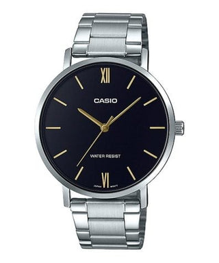 Front view of Casio Collection MTP-VT01D-1B Black Dial Grey Stainless Steel Mens Watch on white background