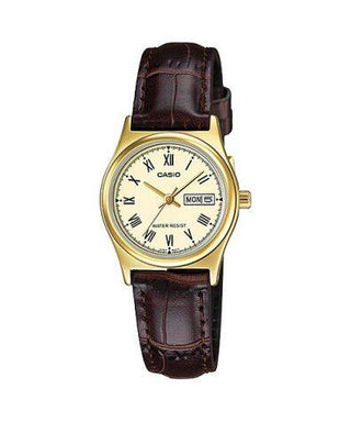 Front view of Casio Collection LTP-V006GL-9B Brown Leather Womens Watch on white background