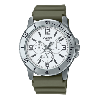 Front view of Casio Collection MTP-VD300-3B White Dial Green Rubber Mens Watch on white background