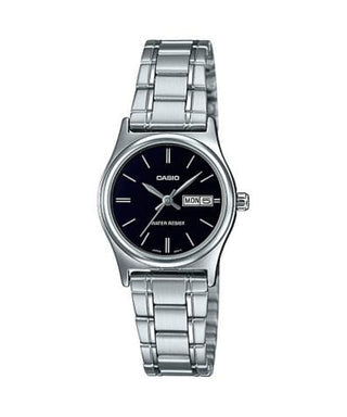 Front view of Casio Collection LTP-V006D-1B2 Black Dial Grey Stainless Steel Womens Watch on white background