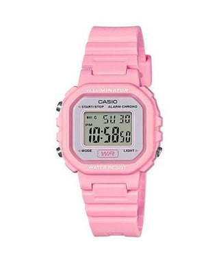 Front view of Casio Retro Vintage LA-20WH-4A1 Pink Resin Womens Watch on white background