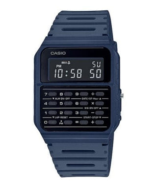 Front view of Casio Databank CA-53WF-2B Black Dial Blue Resin Unisex Watch on white background