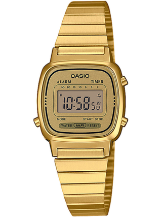 Front view of Casio Retro Vintage Chronograph LA670WEGA-9EF Gold Stainless Steel Womens Watch on white background