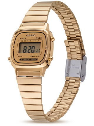 Angle shot of Casio Retro Vintage Chronograph LA670WEGA-9EF Gold Stainless Steel Womens Watch on white background