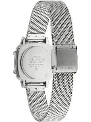 Angle shot of Casio LA670WEM-7EF Silver Stainless Steel Womens Watch on white background