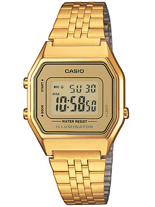 Front view of Casio Retro Vintage LA680WEGA-9ER Gold Stainless Steel Womens Watch on white background