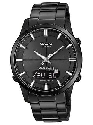 Front view of Casio Ana-Digit Multiband 6 Tough Solar LCW-M170DB-1AER Black Stainless Steel Unisex Watch on white background