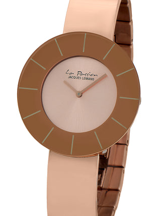 Front view of Jacques Lemans LP-128B Rose Gold Stainless Steel Womens Watch on white background