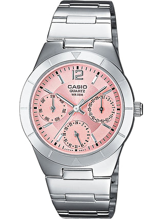 Front view of Casio Collection LTP-2069D-4AVEG Pink Dial Grey Stainless Steel Womens Watch on white background