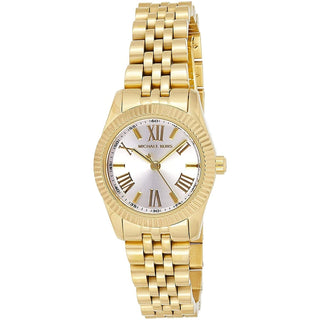 Angle shot of Michael Kors Petite Lexington MK3229 Silver Dial Gold Stainless Steel Womens Watch on white background