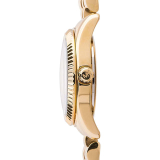 Angle shot of Michael Kors Petite Lexington MK3229 Silver Dial Gold Stainless Steel Womens Watch on white background