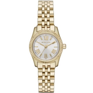 Front view of Michael Kors Petite Lexington MK3229 Silver Dial Gold Stainless Steel Womens Watch on white background