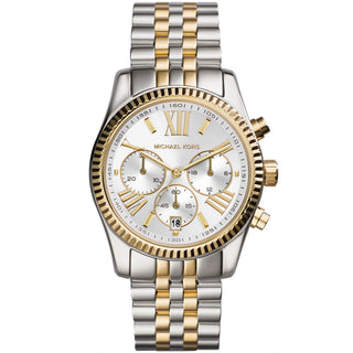 Front view of Michael Kors Lexington MK5955 Silver Dial Two Tone Stainless Steel Womens Watch on white background