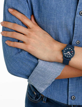 Angle shot of Mondaine MS1.32140.LD Blue Textile Womens Watch on white background