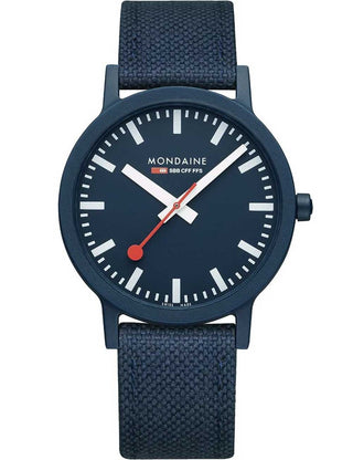 Angle shot of Mondaine MS1.41140.LD Blue Textile Unisex Watch on white background