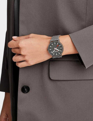 Angle shot of Mondaine MS1.41180.LH Grey Textile Unisex Watch on white background