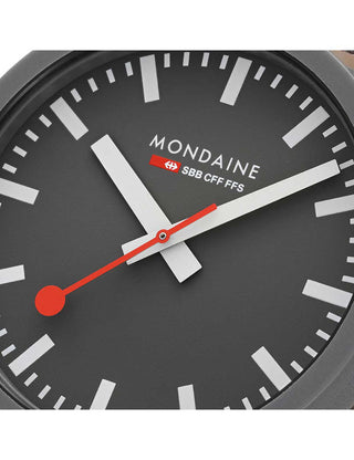 Angle shot of Mondaine MS1.41180.LH Grey Textile Unisex Watch on white background