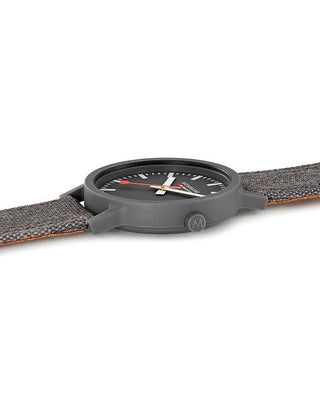 Angle shot of Mondaine MS1.41180.LH Grey Textile Unisex Watch on white background