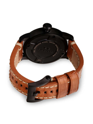 Angle shot of TW Steel MS32 Black Dial Brown Leather Unisex Watch on white background