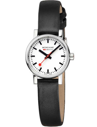 Angle shot of Mondaine MSE.26110.LCV Black Dial Leather Womens Watch on white background