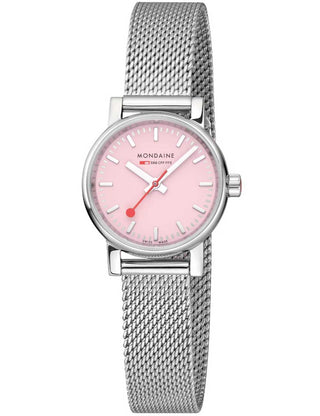 Front view of Mondaine MSE.26130.SM Pink Dial Silver Stainless Steel Womens Watch on white background