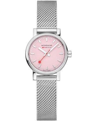 Angle shot of Mondaine MSE.26130.SM Pink Dial Silver Stainless Steel Womens Watch on white background