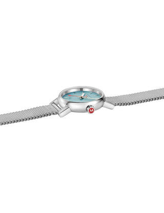 Angle shot of Mondaine MSE.26140.SM Silver Stainless Steel Womens Watch on white background