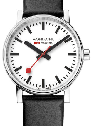 Front view of Mondaine MSE.35110.LB White Dial Black Leather Womens Watch on white background