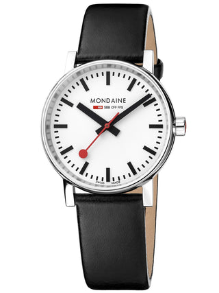 Angle shot of Mondaine MSE.35110.LB White Dial Black Leather Womens Watch on white background