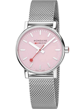 Front view of Mondaine MSE.35130.SM Pink Dial Silver Stainless Steel Womens Watch on white background