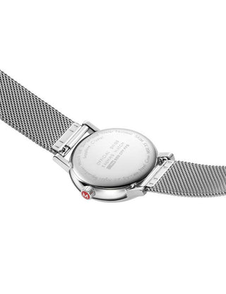 Angle shot of Mondaine MSE.35130.SM Pink Dial Silver Stainless Steel Womens Watch on white background