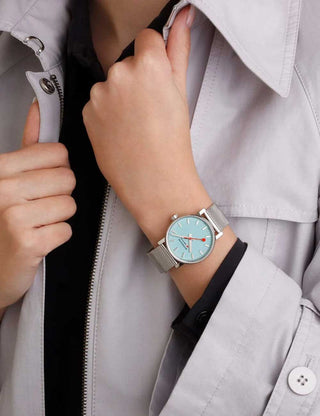 Angle shot of Mondaine MSE.35140.SM Silver Stainless Steel Unisex Watch on white background