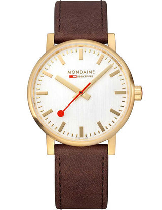 Front view of Mondaine MSE.40112.LG Silver Dial Brown Leather Unisex Watch on white background