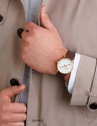 Angle shot of Mondaine MSE.40112.LG Silver Dial Brown Leather Unisex Watch on white background