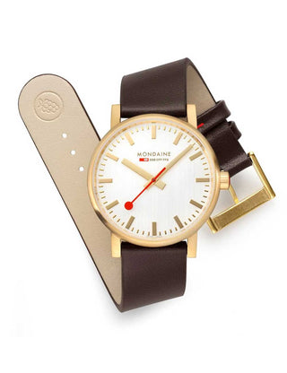 Angle shot of Mondaine MSE.40112.LGV Silver Dial Brown Leather Unisex Watch on white background