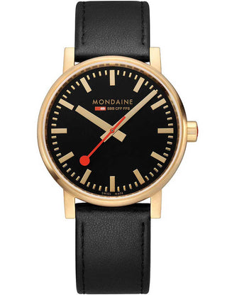 Angle shot of Mondaine MSE.40122.LB Black Leather Unisex Watch on white background