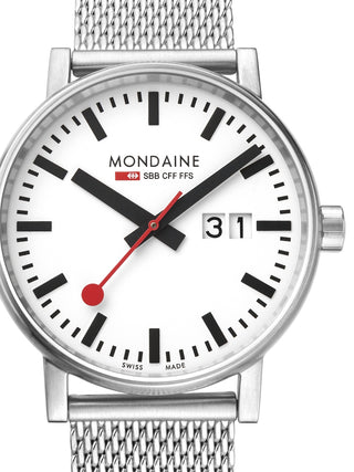 Front view of Mondaine MSE.40210.SM White Dial Silver Stainless Steel Unisex Watch on white background