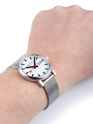 Angle shot of Mondaine MSE.40210.SM White Dial Silver Stainless Steel Unisex Watch on white background