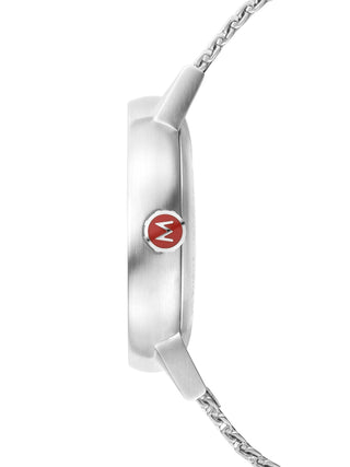 Angle shot of Mondaine MSE.40210.SM White Dial Silver Stainless Steel Unisex Watch on white background