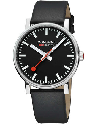 Front view of Mondaine MSE.43120.LB Black Leather Unisex Watch on white background