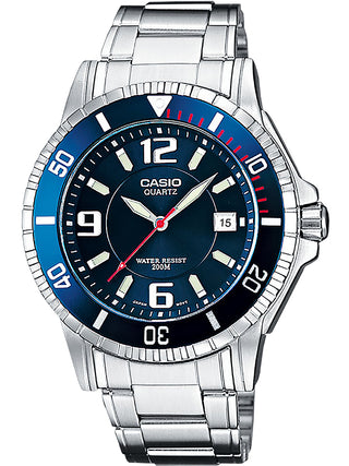 Front view of Casio Diver Neobrite Blue MTD-1053D-2AVES Blue Dial Silver Stainless Steel Unisex Watch on white background