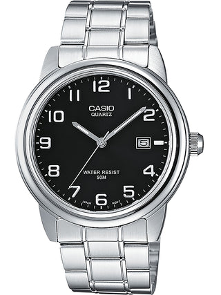 Front view of Casio Collection MTP-1221A-1AVEG Black Dial Grey Stainless Steel Mens Watch on white background