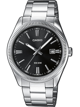 Front view of Casio Date Black MTP-1302PD-1A1VEF Black Dial Silver Stainless Steel Unisex Watch on white background