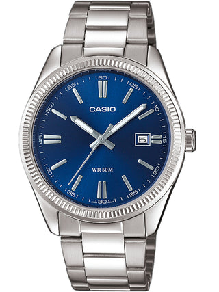 Front view of Casio Collection MTP-1302PD-2AVEF Blue Dial Grey Stainless Steel Mens Watch on white background