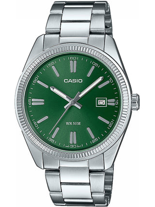 Front view of Casio Collection MTP-1302PD-3AVEF Green Dial Grey Stainless Steel Mens Watch on white background