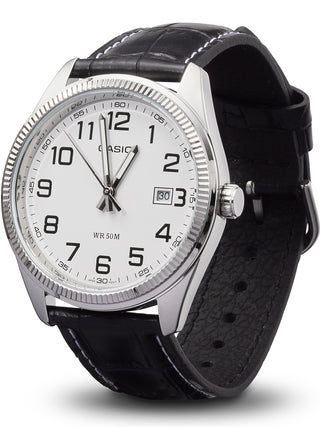 Angle shot of Casio Date Leather White Numbers MTP-1302PL-7BVEF White Dial Black Leather Unisex Watch on white background